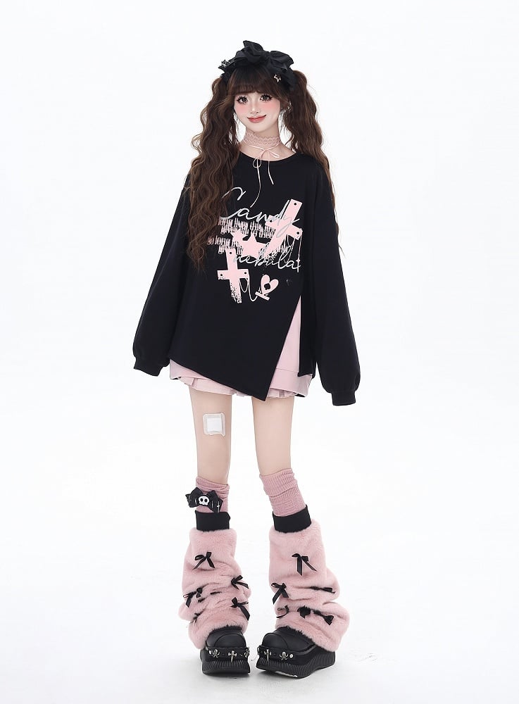 Pink/Black Cross Side-Slit Sweatshirt with Big Bow at Back
