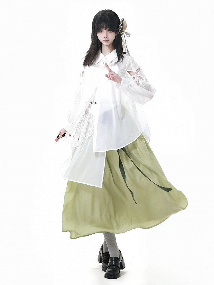 White Sheer Chiffon Style Shirt Long Sleeves Version Butterfly-shaped Cutout Cheongsam