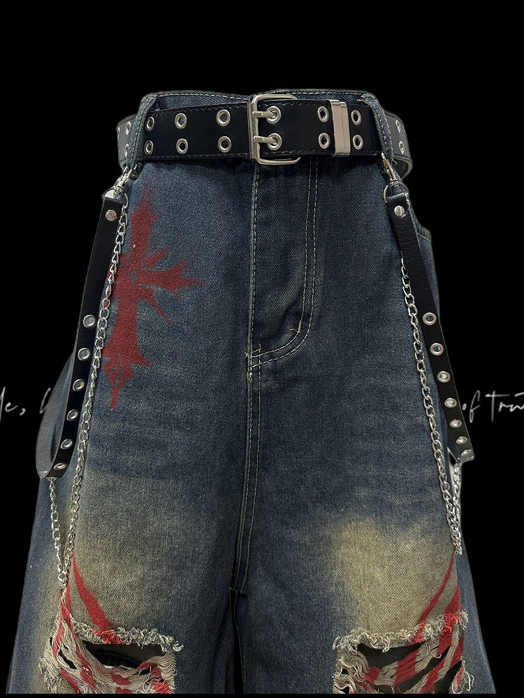 Print Blue Faded Holes Scratch Wash Distressed Wide-leg Denim Shorts