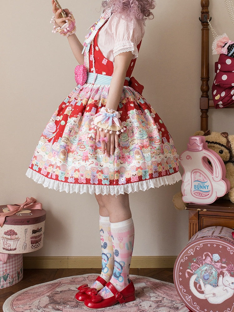 Overall Sweet Desserts Red Gummy Print and Bear Lolita Dress