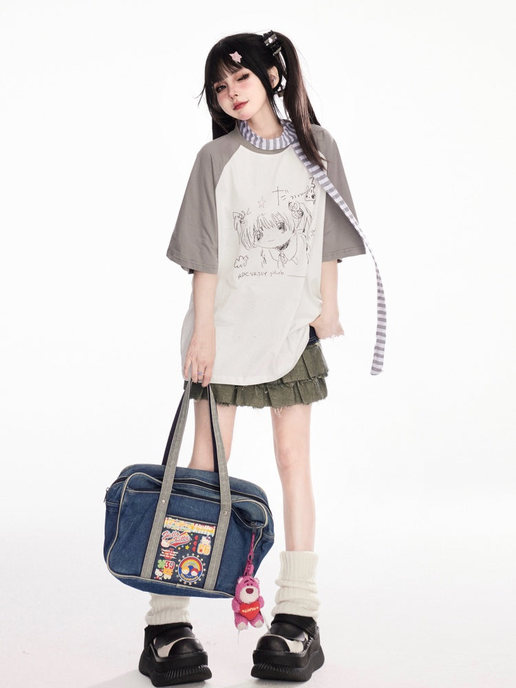 Anime Girl Graffiti T-Shirt Scarf with Striped Grey Colorblock Design