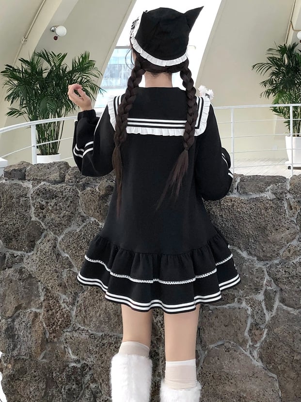 Embroidery Zip Kitty Jirai Kei Collar Dress Black Landmine Style Sailor Closure