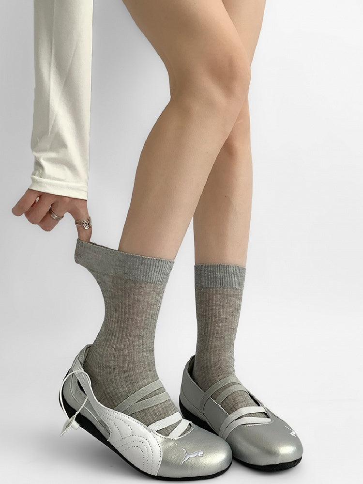 Ribbed Black/Yellow/Gray/White/Blue Calf Socks Knitted Trim