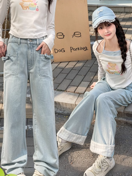 Blue High Waist Bow Decorated Straight-Leg Cut Jeans