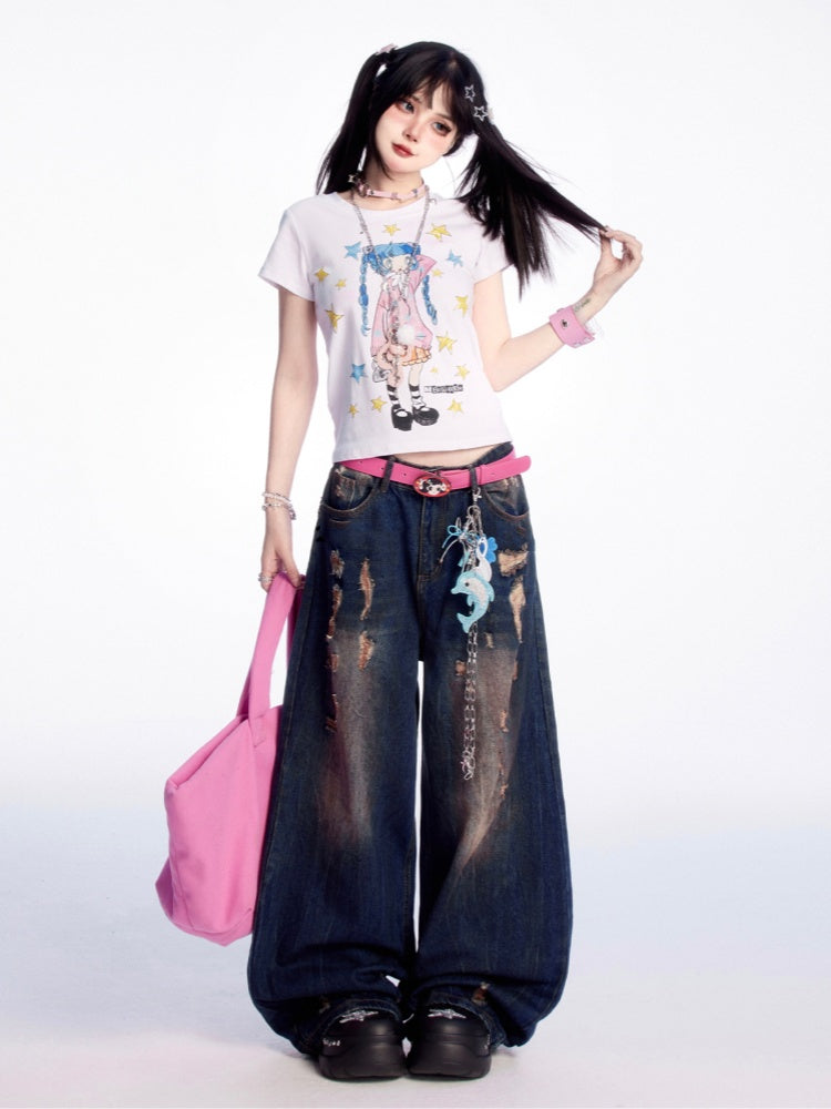 Dark Blue Low Vintage Wide-leg Jeans Waist Distressed Holes