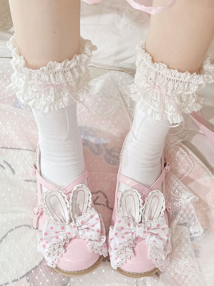 Ohr Crisscross bei PinkWhite Top Muster Bunny Polka-dot Schuhe Design Bow Lolita