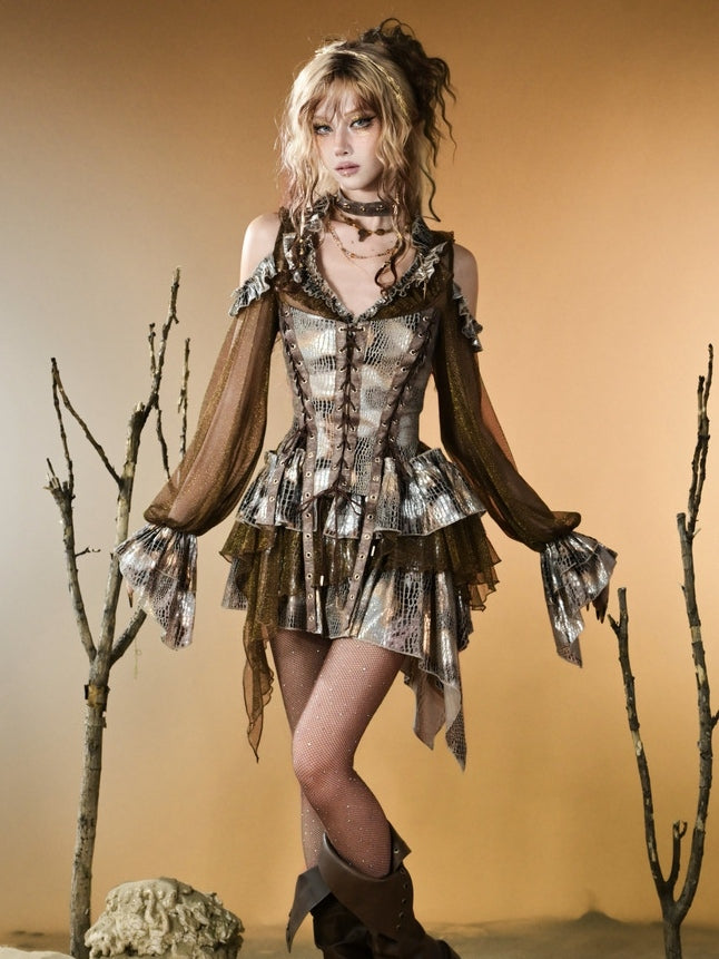 Top Cutout Shoulder Dark Punk Wasteland Sleeves Semi-sheer Design Long V-neck Brown