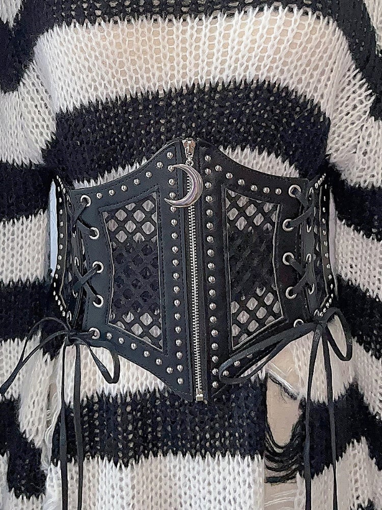 Lace-up Detail Crescent Moon Zip Black Punk Waist Corset Belt