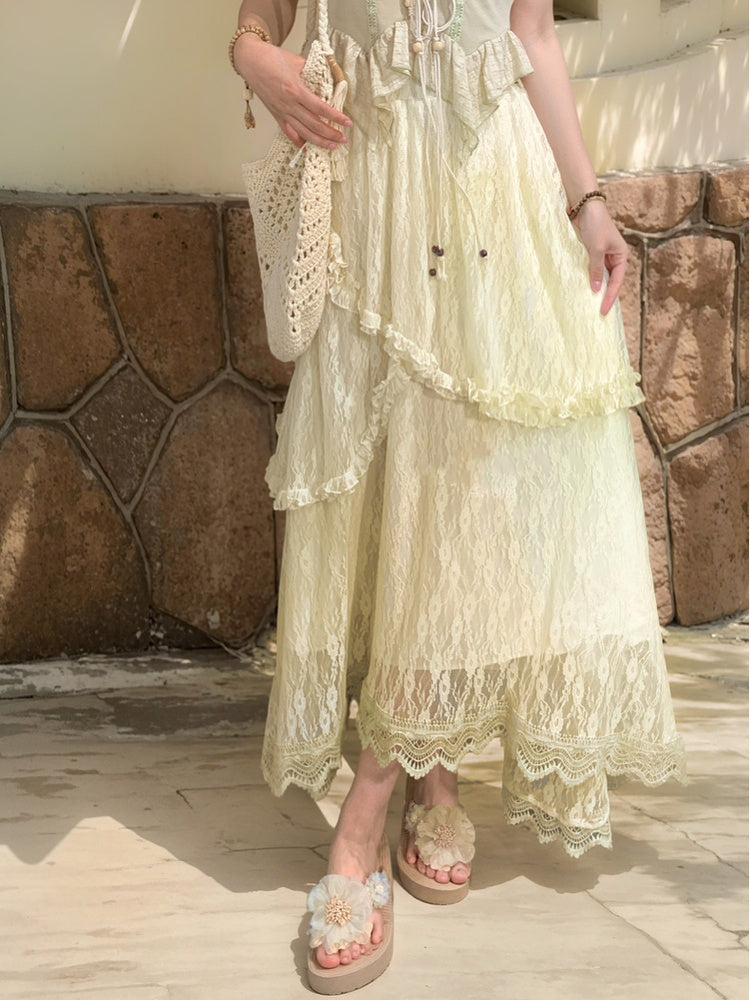 Apricot Elastic Waist Asymmetrical Lace Skirt