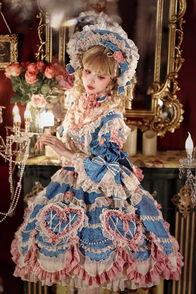 Blue Hanayome Rosette Embroidery Floral and Bead Chain Details Lolita OP Full Set