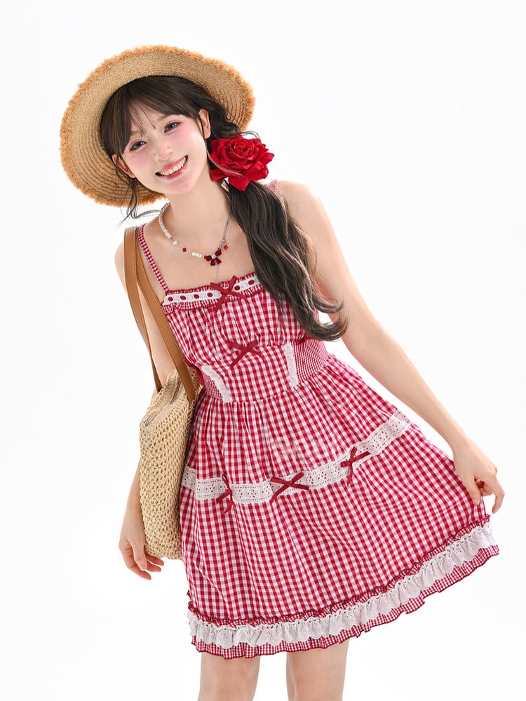 Akzente Spitze Sommer Trim Urlaub Cami Kleid Bowknot Rot und Weiß Plaid