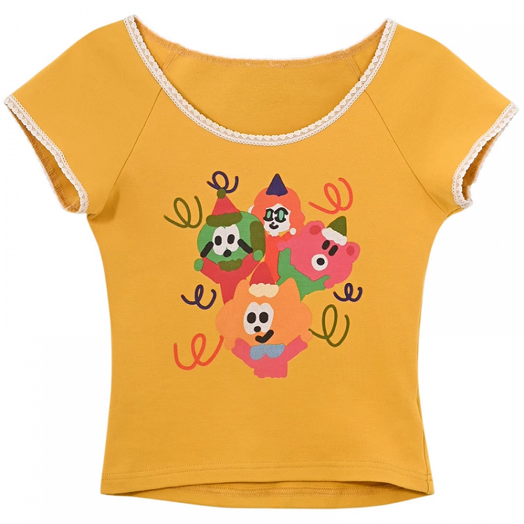 Cartoon Print T-Shirt Neck Ginger Lace Trim Round
