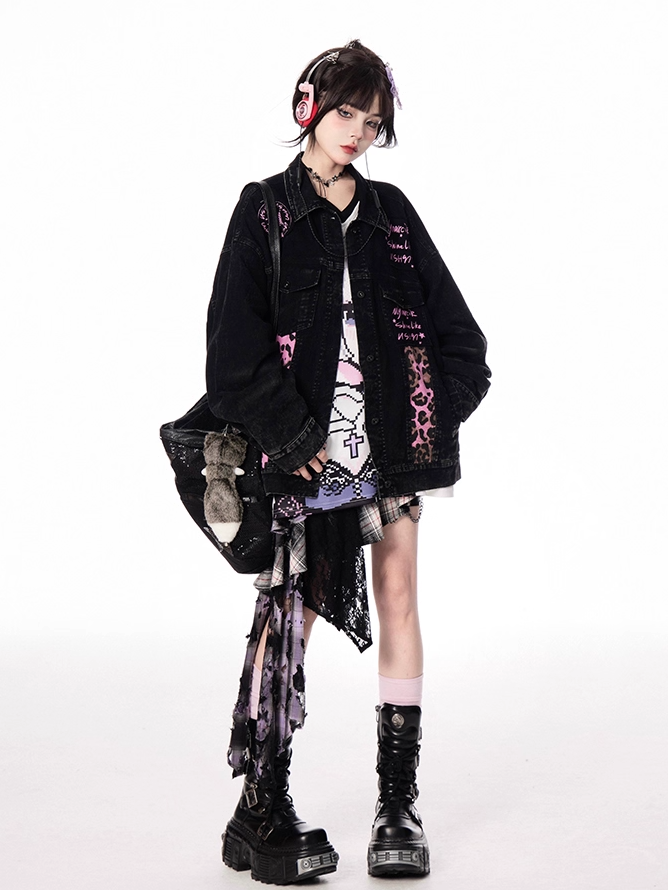 Denim Jacket Faded Wash Vintage Collar Pink Leopard Pattern Black Shirt