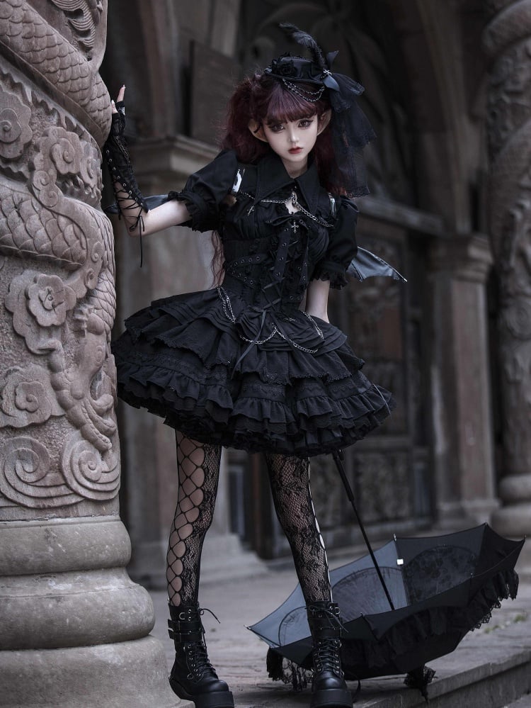 Black Gothic Short Jumper Skirt Adjustable Criss-cross Straps Waist