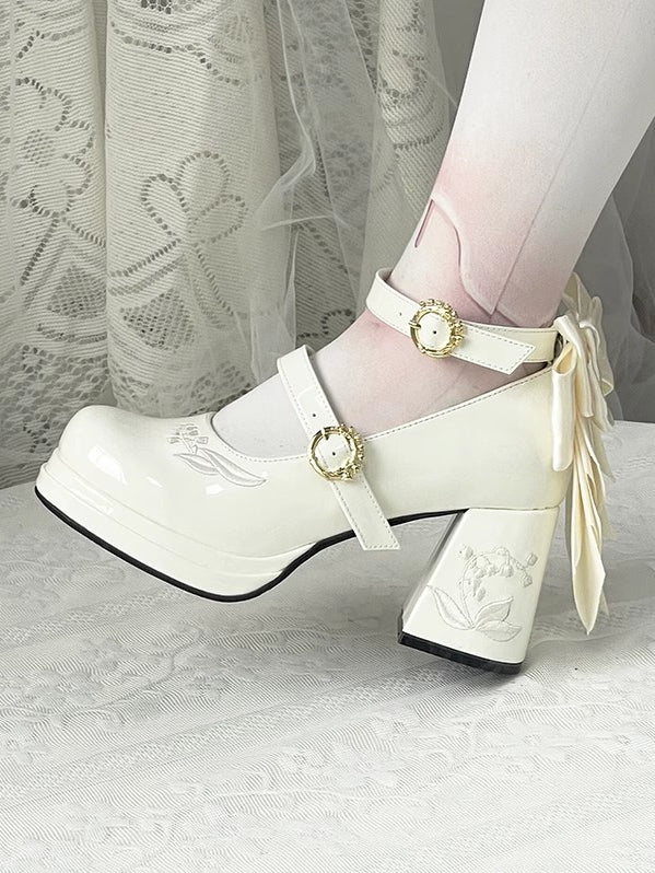 Lily Polished the Heels White Mary Middle Janes Detachable Valley Embroidery Bowknot of