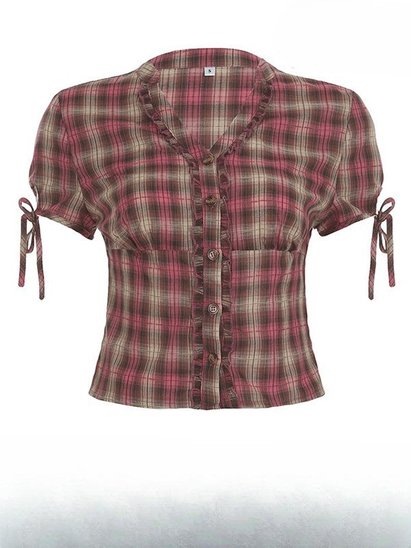 Plaid Sleeves Ruffles Trim Pattern Shirt V-neck Y2K Short RedBrown