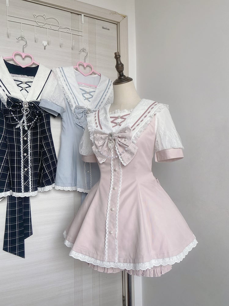 Set Pink/Light Blue Bow Shorts Back Sailor Collar Self-tie Mini Dress + Ruffled Light Hem Jirai Kei