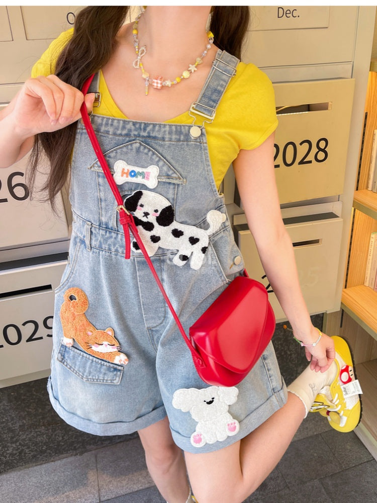 Blue High Detachable Waist Kitty Denim Overalls and Puppy Appliques with