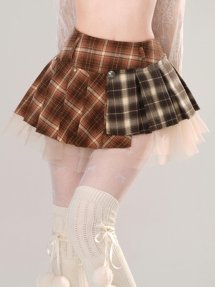 Brown Pleated Mini Plaid Patchwork Skirt Design Mesh