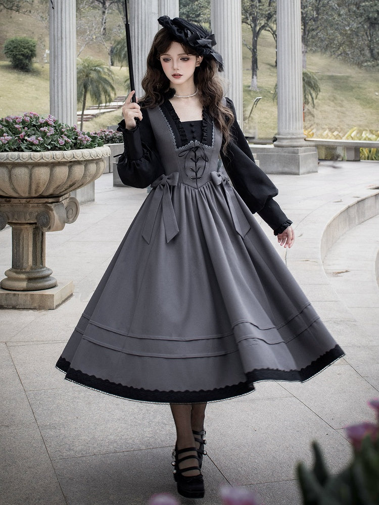 Black and Gray Elegant Square Neckline Spring Long Bishop Sleeves Lolita Dress
