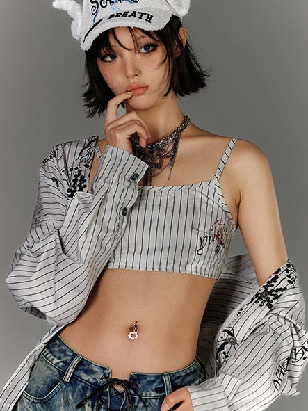 Cami Top Stripes Graffiti Distressed White Black Cropped