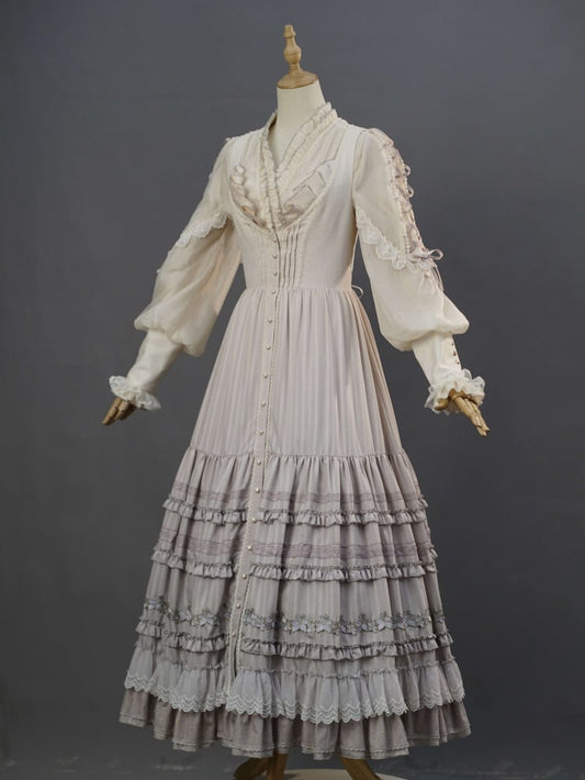 ユリの刺繍アップリケレイヤードヘムパープルクラシックロリータドレスフロントボタンプラケット