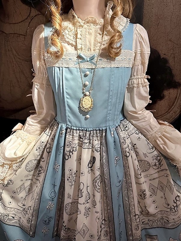 Dress Lolita Blue Print Square Neckline Elegant Classic with