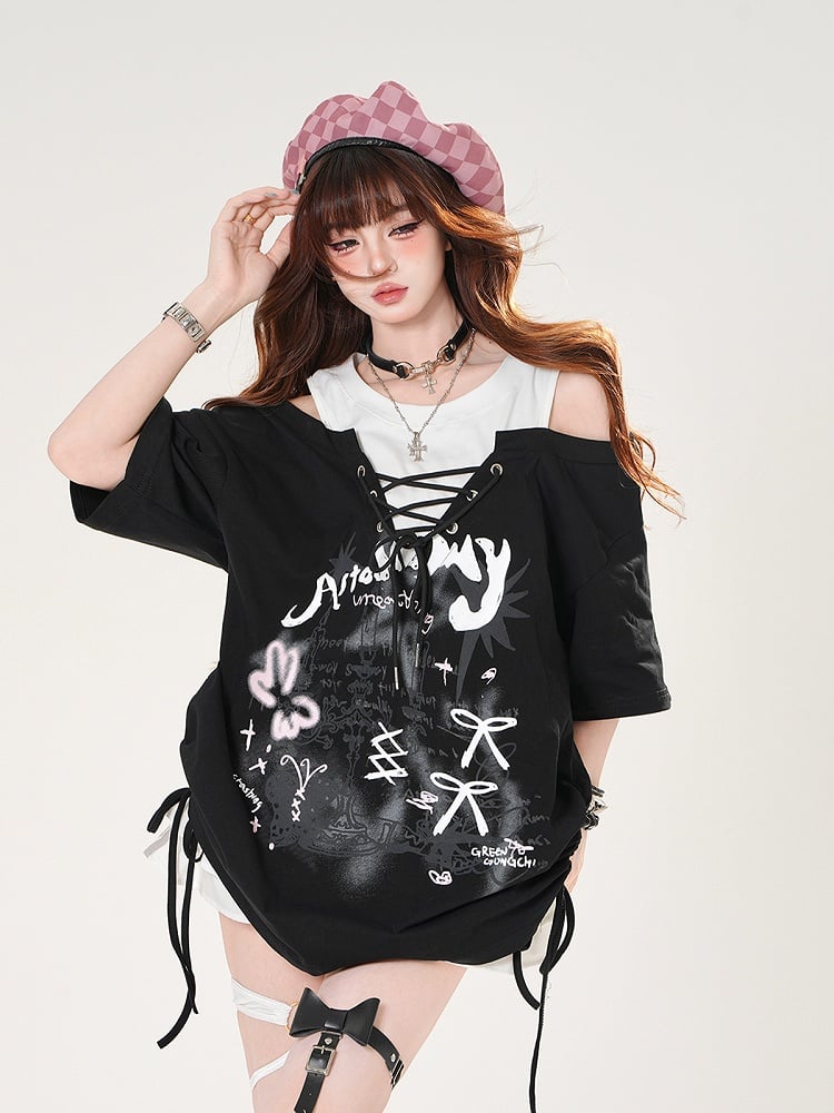 Lace-up Front Candlestick Print Black/Gray T-shirt