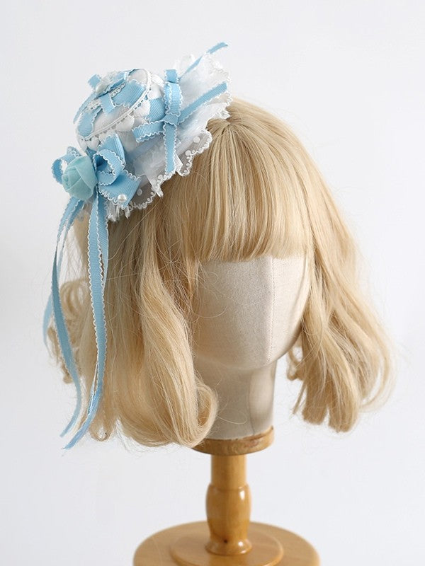 Weißblaues Design Schleife Blumenhut mit und Herz Süße Mini Lolita Clips Details