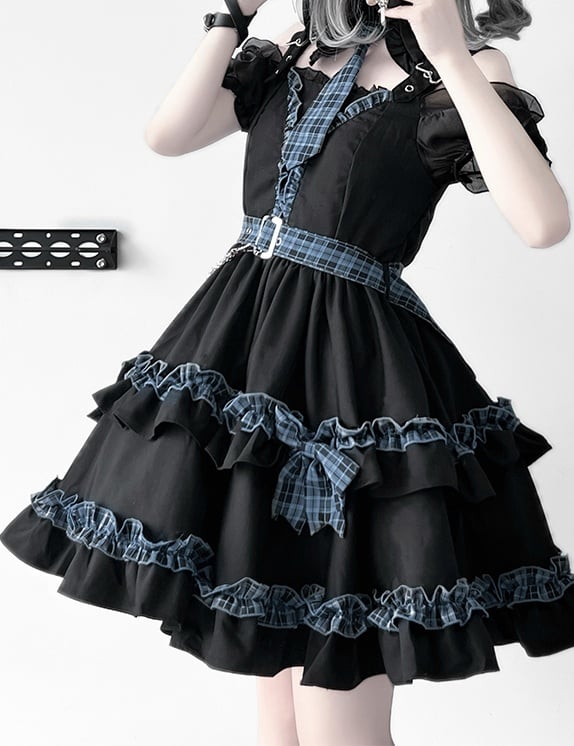 Full Shoulder Set and Blue Plaid Skirt Idol Lolita Dress Tiered Cutout Black