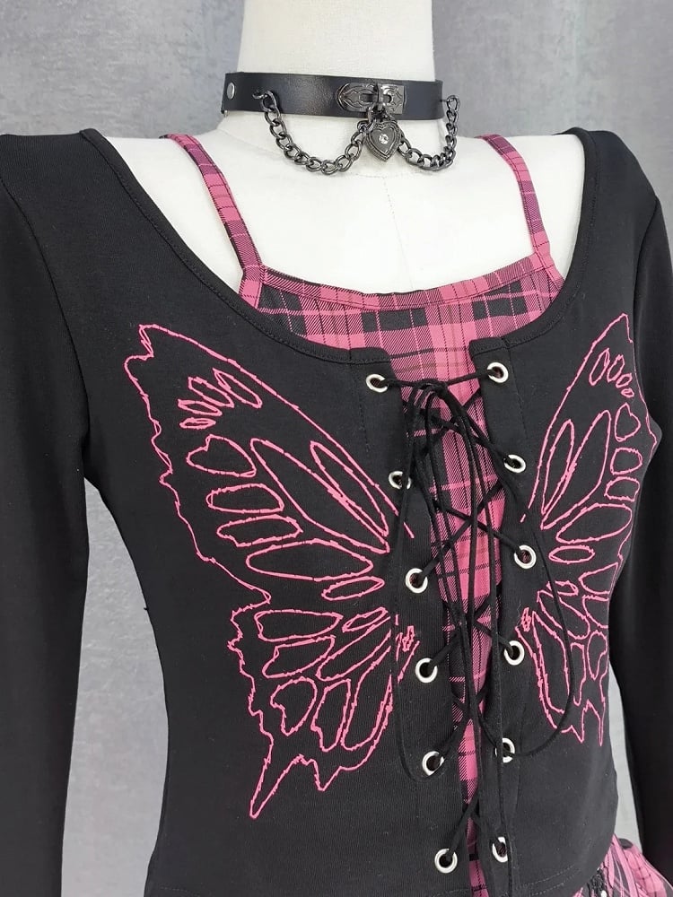Top Faux Y2K Lace-up Front Butterfly Print Black Pink Plaid Two-pieces and