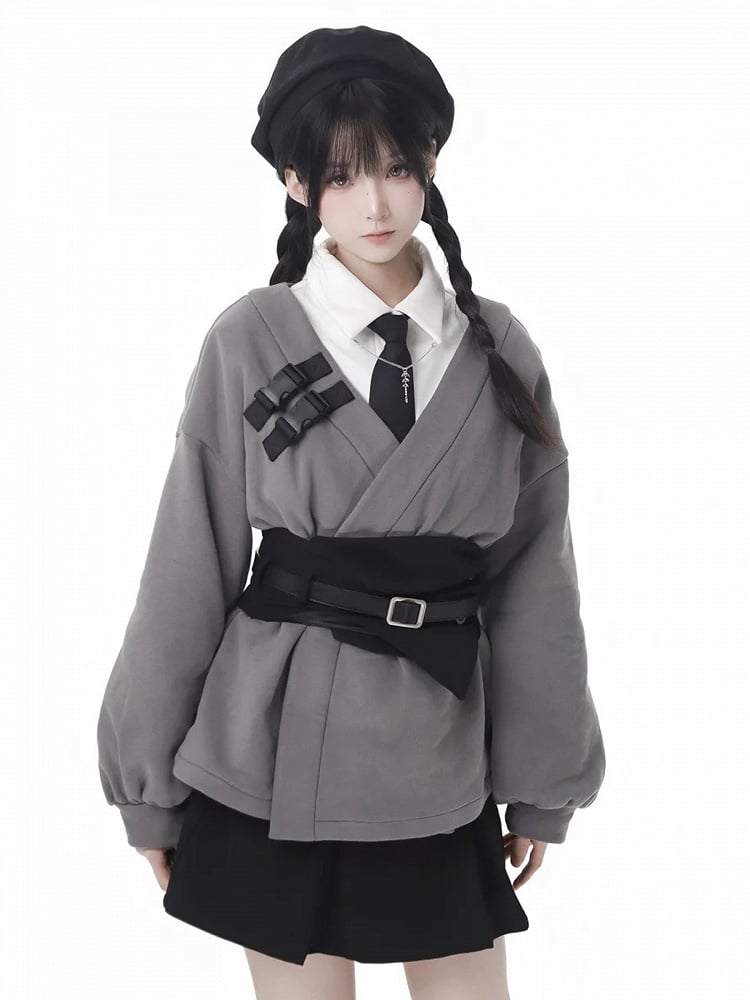 ダークグレーのノッチ付きスウェットシャツ(コルセット付き)