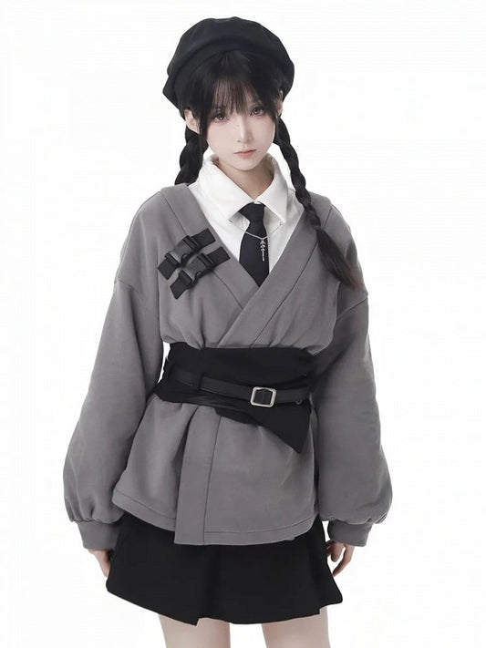 ダークグレーのノッチ付きスウェットシャツ(コルセット付き)