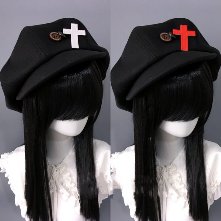 Cross Applique Gothic Beret Hat