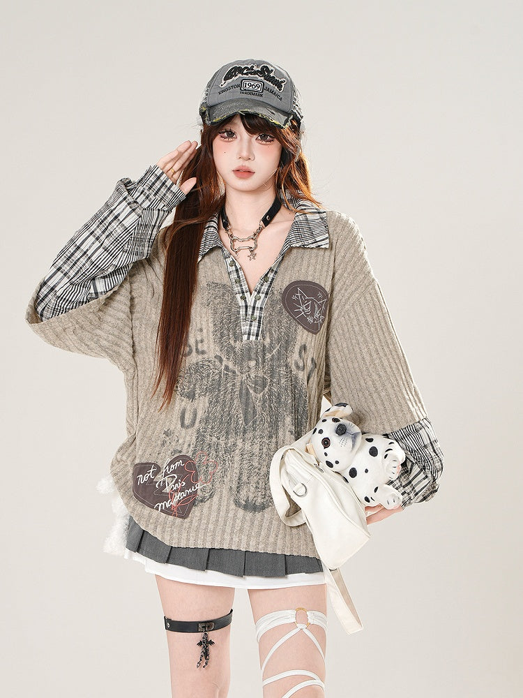 Plaid Print Bear Top: Beige-Gray with and Patchwork Knit V-Neck Preppy