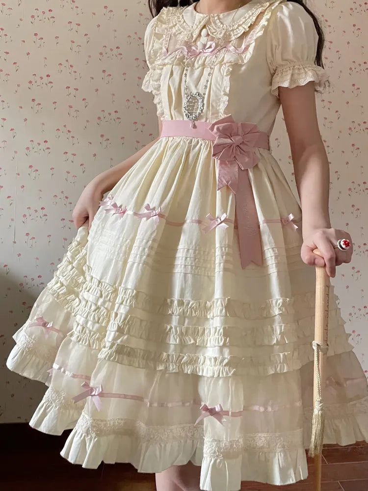 Lolita Pink Beige Peter Dress Cotton Bow and Collar Accents Pan