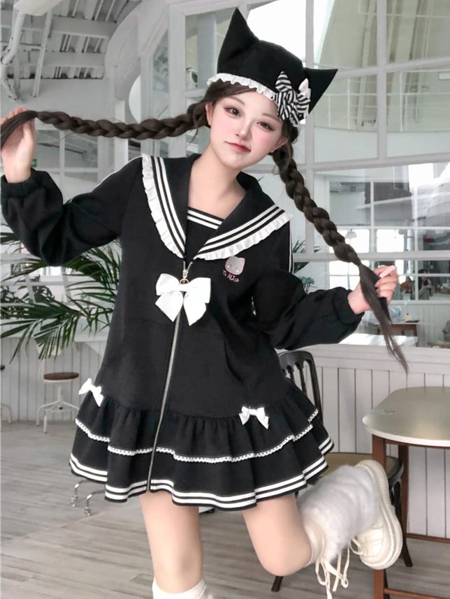 Embroidery Zip Kitty Jirai Kei Collar Dress Black Landmine Style Sailor Closure
