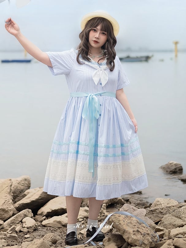 Sailor Pattern Available Plus Blue Lolita Dress Sizes Sea Collar Jacquard Summer Striped Shell