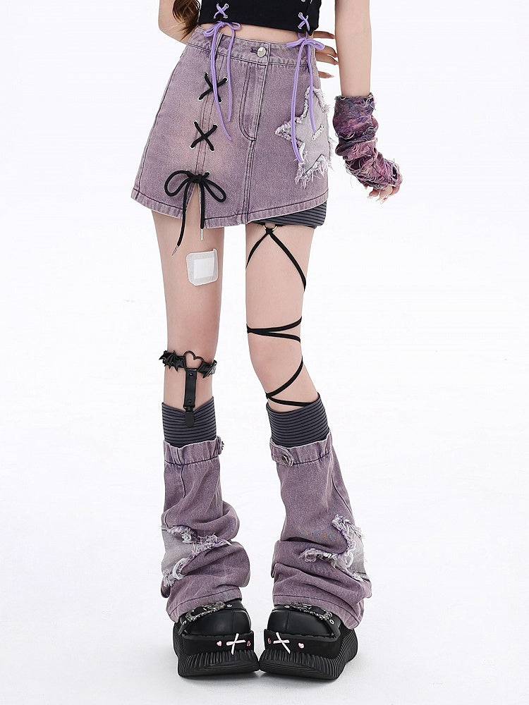 High Leg Waist with Star Denim Free Sleeves Purple Applique Skirt