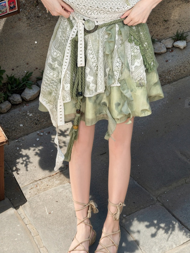 Dye Lace Patchwork Design Long/Short Tie Skirt Version Kei Green Mori