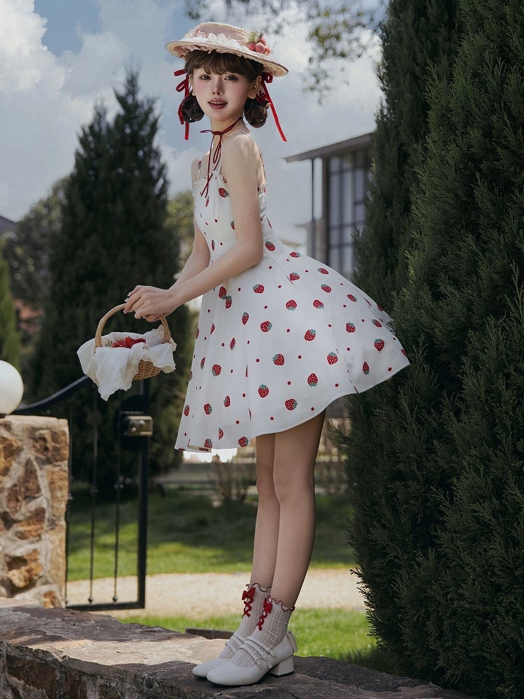 and White JSK Sweet Dress Polka Dots Summer Lolita Strawberry Sun Print