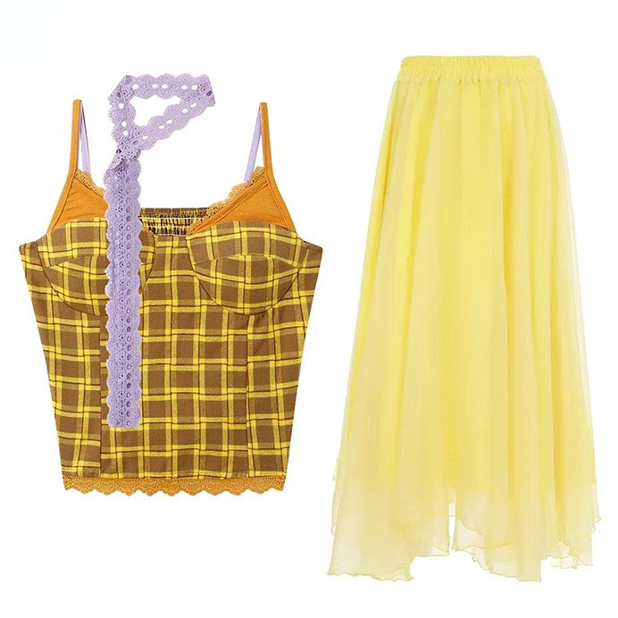 Cami Top Purple Set Scarf Summer Overlay + Plaid Yellow Skirt