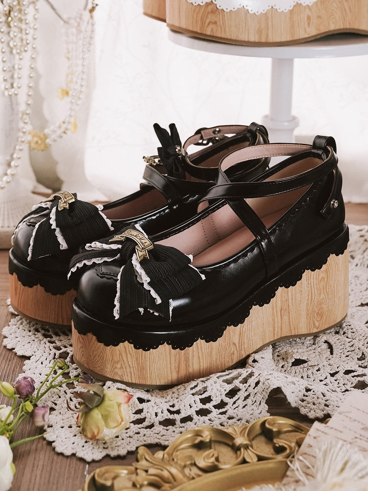 Sweet Toe Bow Charm Uhr - Schwarze runde Lolita Plateau-Akzente