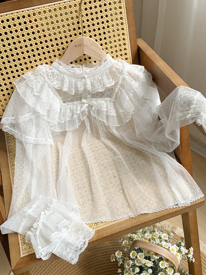 White Long Top Sleeves Tulle Sheer Dots Lace