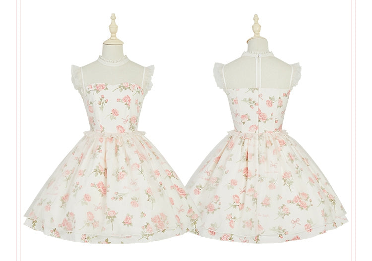 Dress Pink Print Rosette White Illusion Lolita Summer Neckline