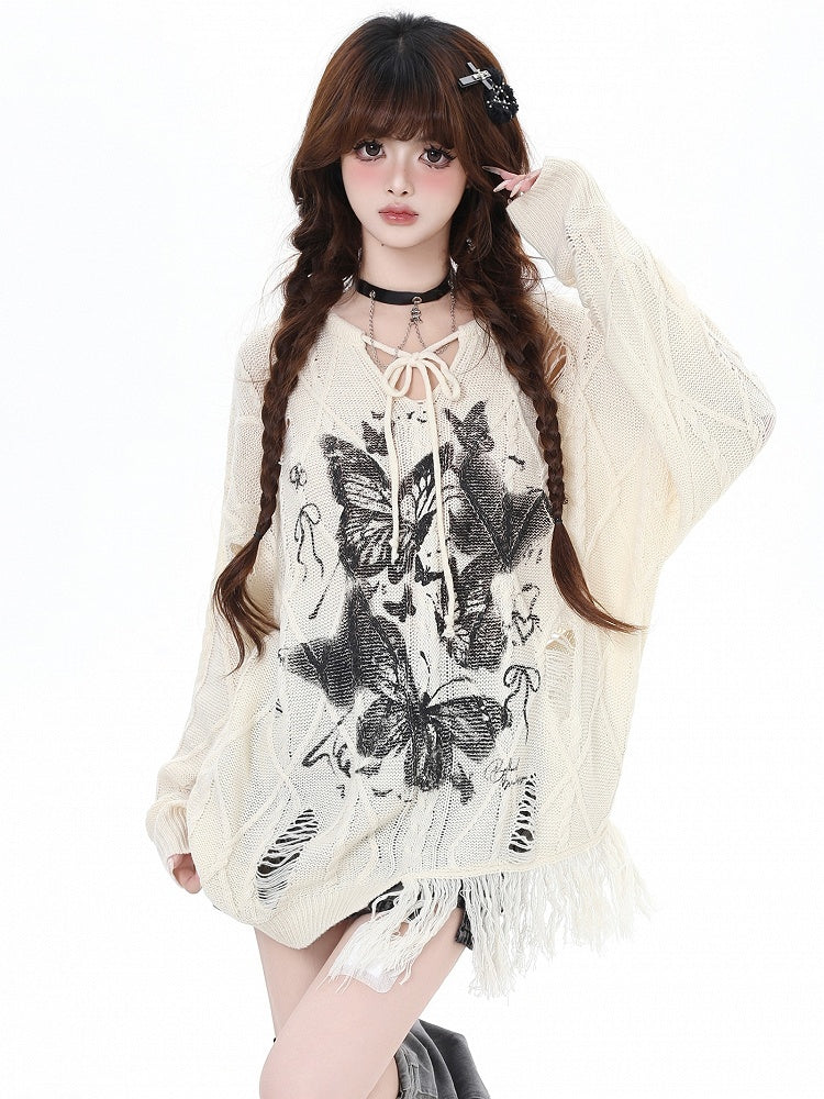 Apricot/Black Butterfly Pattern Distressed Holes V-neck Loose Knit Top