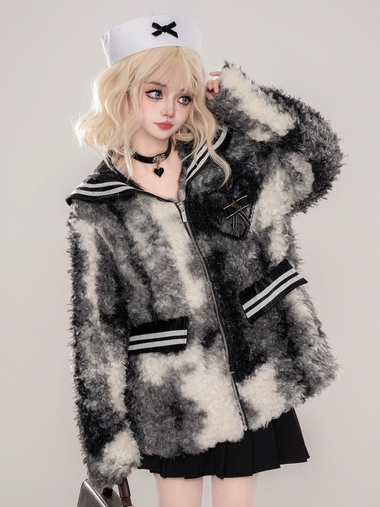 Black/Brown Sailor Collar Bowknot Details Fleece Jacket