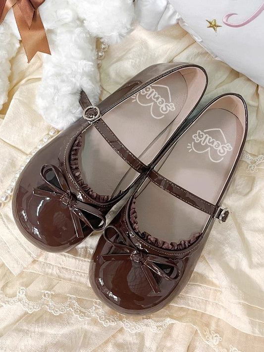 Runde flache Schuhe mit Schleife an der Spitze – mit Lolita-Detailspitze