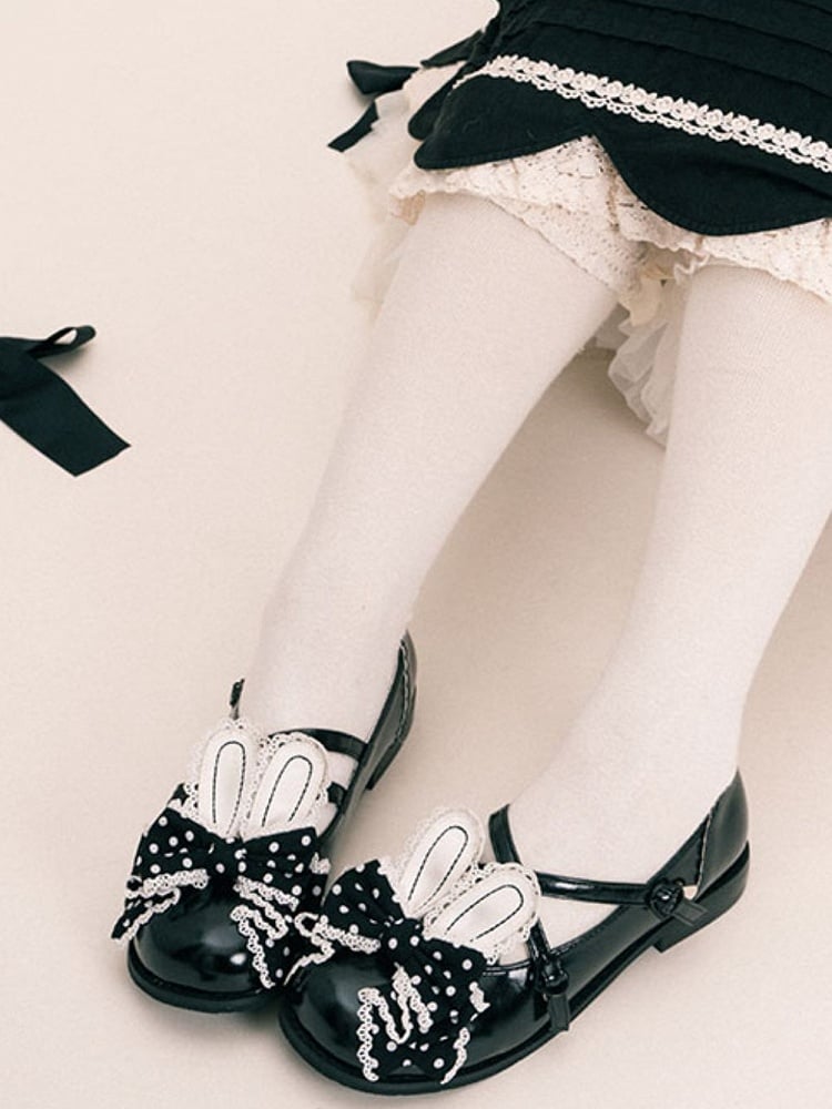 at Lolita Shoes Crisscross Bow Top Black Design Ear Bunny Polka-dot Pattern