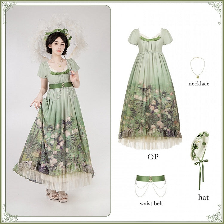 Empire Set Painting Oil Roses Lolita Elegant Green Print Waist OP Skirt